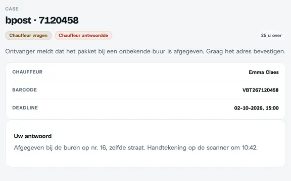 Een klachtdossier: de vraag van de vervoerder, de chauffeur, de deadline en het antwoord van de chauffeur (voorbeeldgegevens)