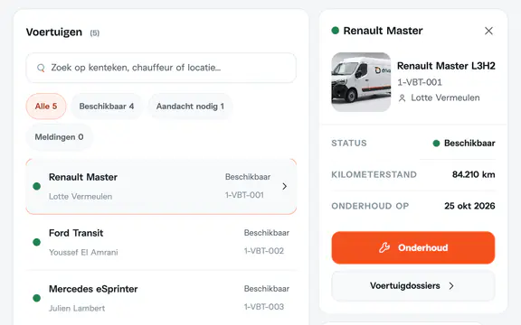 Wagenparkoverzicht: voertuigen met status, chauffeur en nummerplaat, en de kilometerstand en het volgende onderhoud van één voertuig (voorbeeldgegevens)
